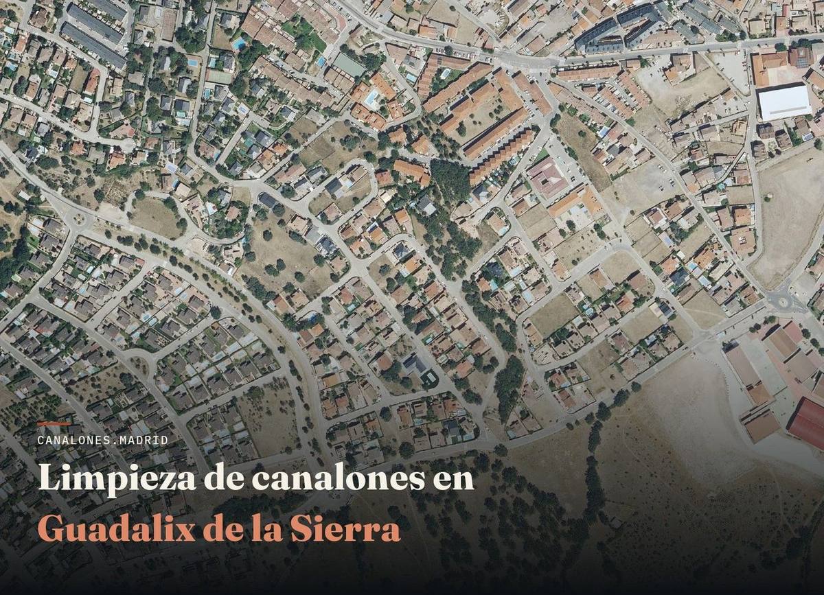 Vista aérea de Guadalix de la Sierra, zona de servicio de canalones.madrid para la limpieza y el mantenimiento de canalones, en la Sierra Norte de Madrid.