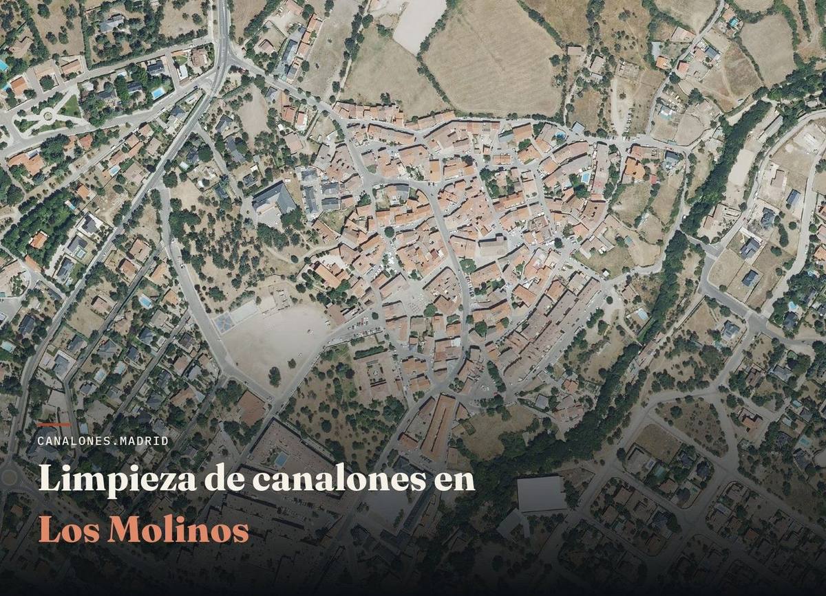 Vista aérea de Los Molinos, zona de servicio de canalones.madrid para la limpieza y el mantenimiento de canalones, en la zona de sierra alta de la Comunidad de Madrid.