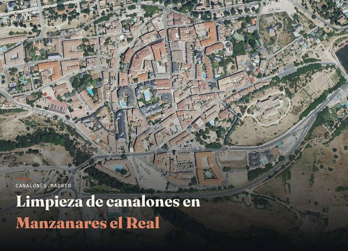 Manzanares el Real (Madrid): canalones.madrid ofrece limpieza profesional de canalones para evitar atascos y goteras, en una zona de pinar donde las hojas y acículas obstruyen fácilmente los canalones.