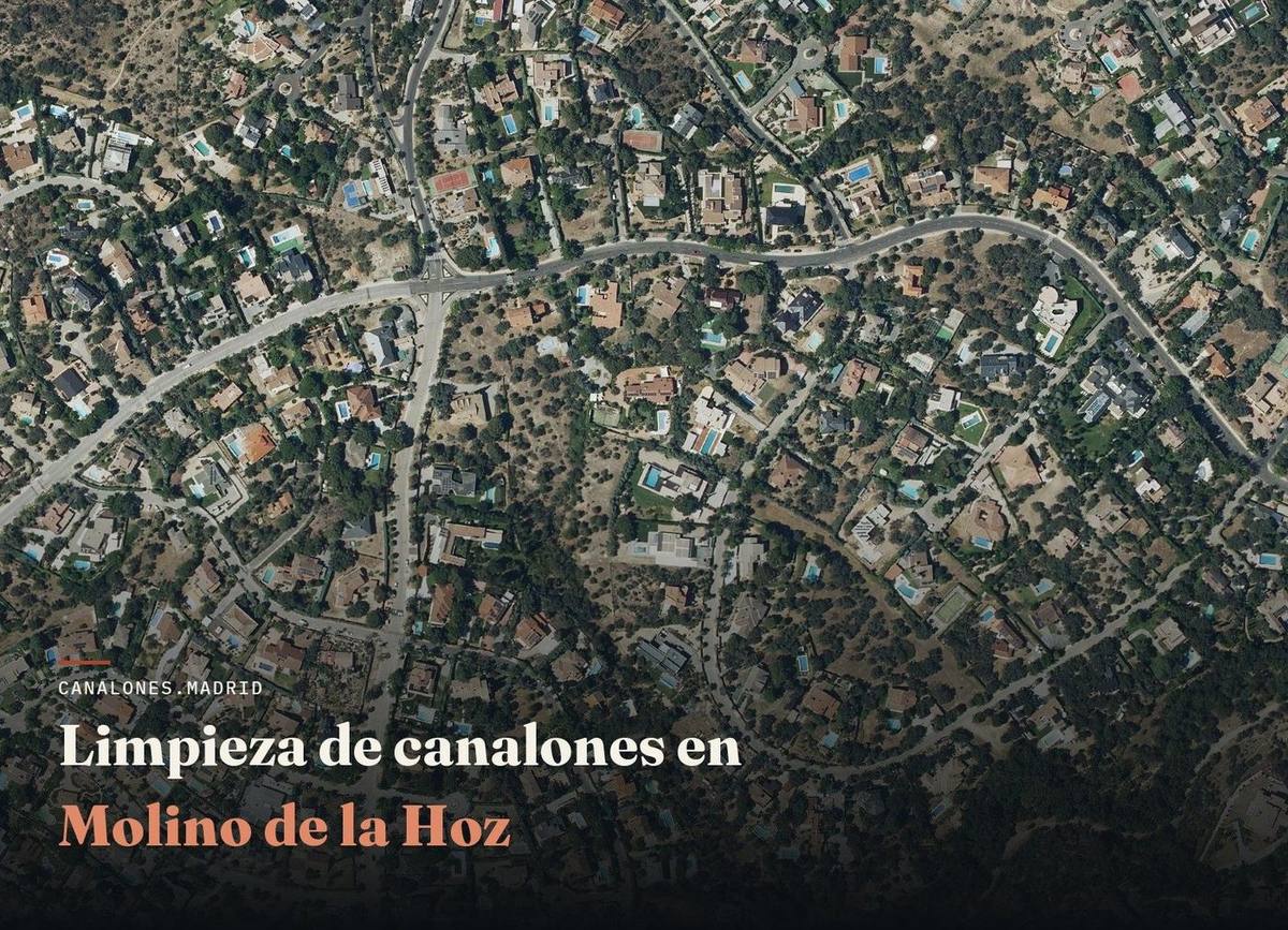Vista aérea de Molino de la Hoz, zona de servicio de canalones.madrid para la limpieza y el mantenimiento de canalones, en el oeste de la Comunidad de Madrid.