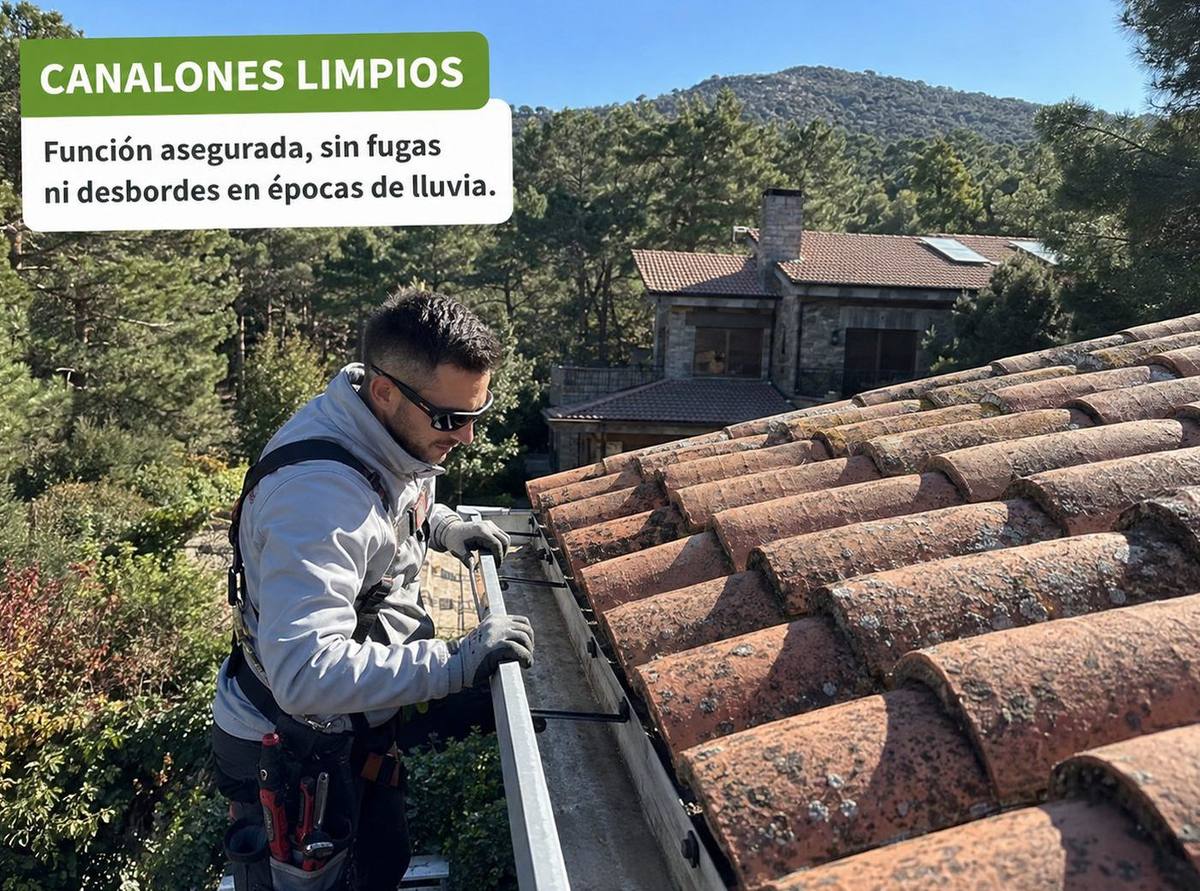 Canalón limpio tras el servicio de mantenimiento de Canalones.Madrid.