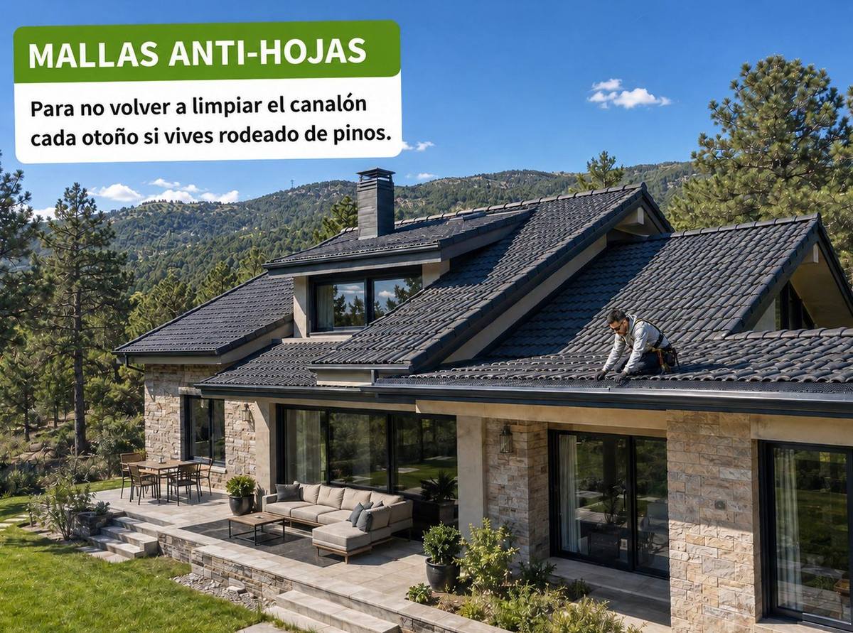 Protección de canalón con malla anti-hojas en la Sierra de Madrid.